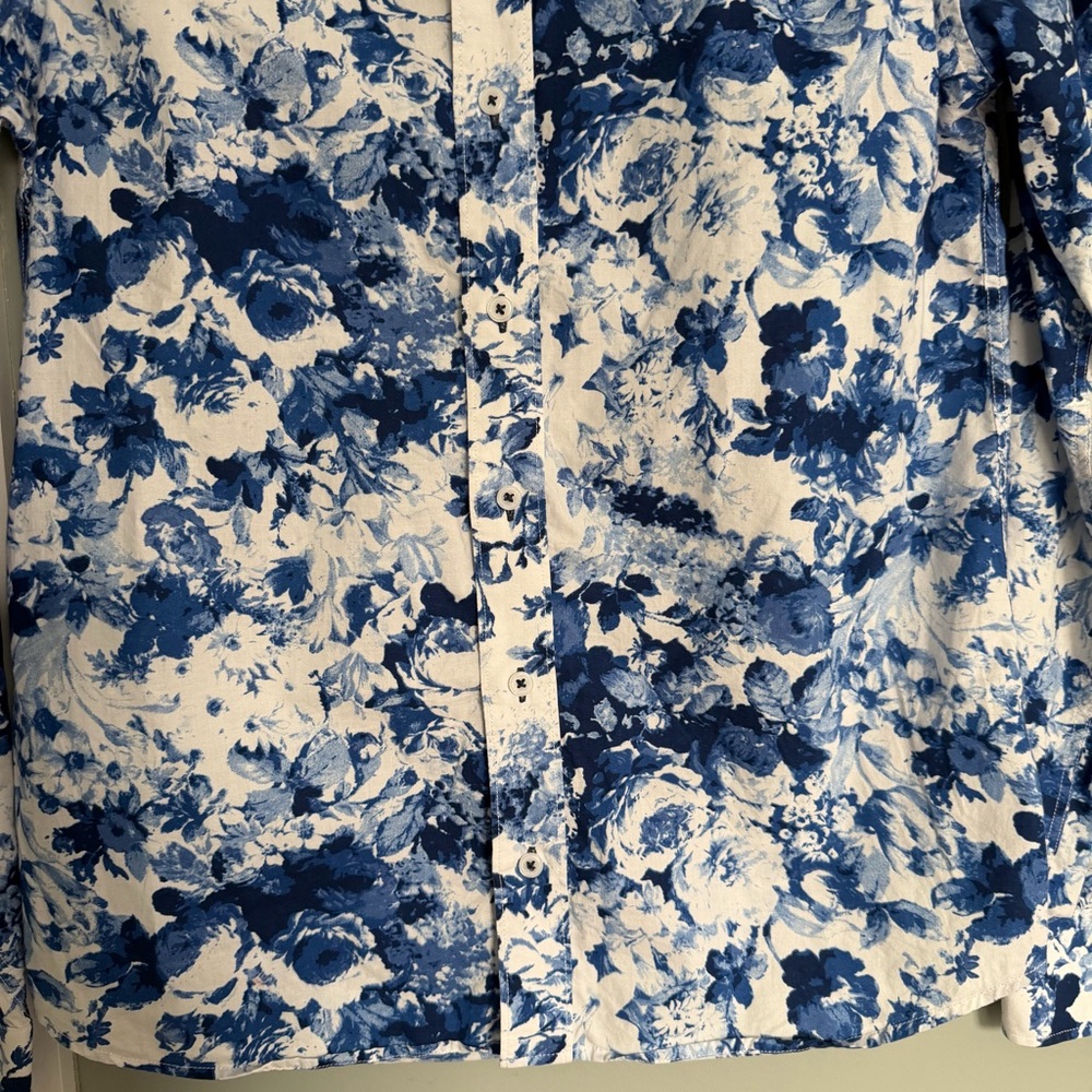 Nick Graham 100% Cotton Modern Fit Blue White Floral Men's Button Down Shirt - Picture 8 of 14